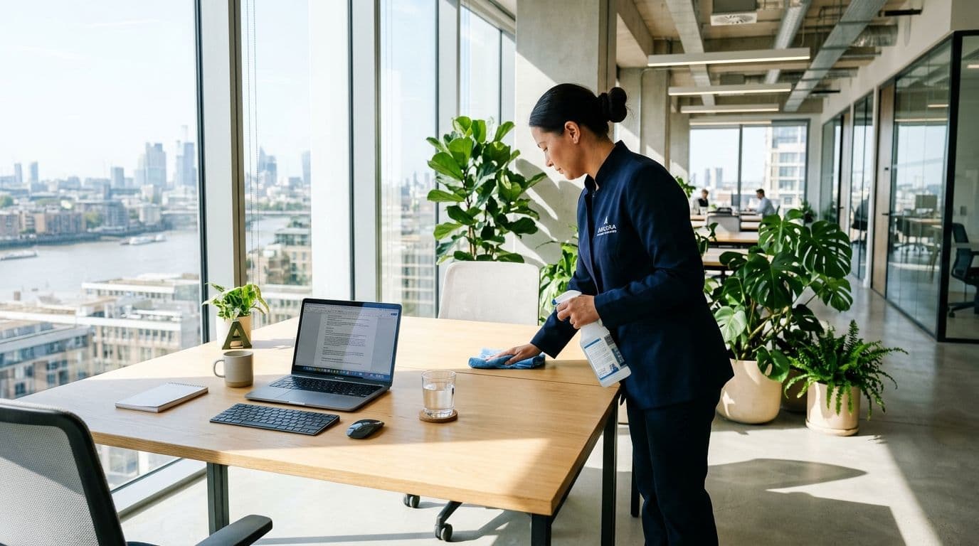 Agent de nettoyage professionnel Kaliclean en tenue dans des bureaux clairs